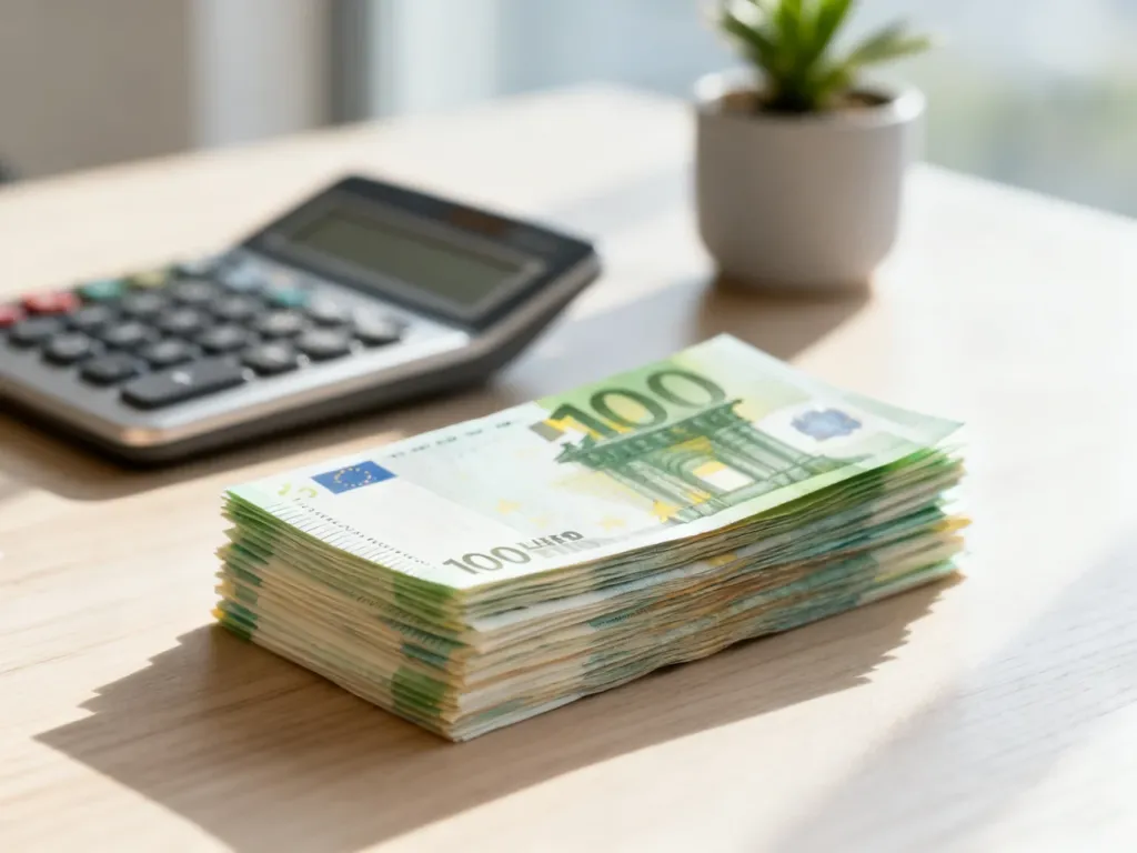 Stos banknotów euro na drewnianym stole obok kalkulatora, symbolizujący przeliczanie waluty.