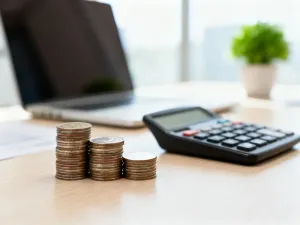 Kalkulator, pióro i monety na biurku, symbolizujące obliczenia finansowe i planowanie budżetu.