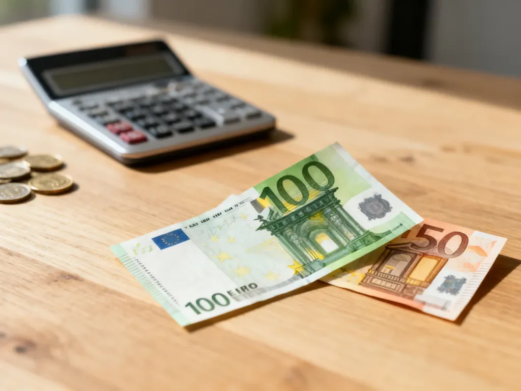 Banknoty 100 i 50 euro leżące na drewnianym stole obok kalkulatora, symbolizujące przeliczanie waluty.