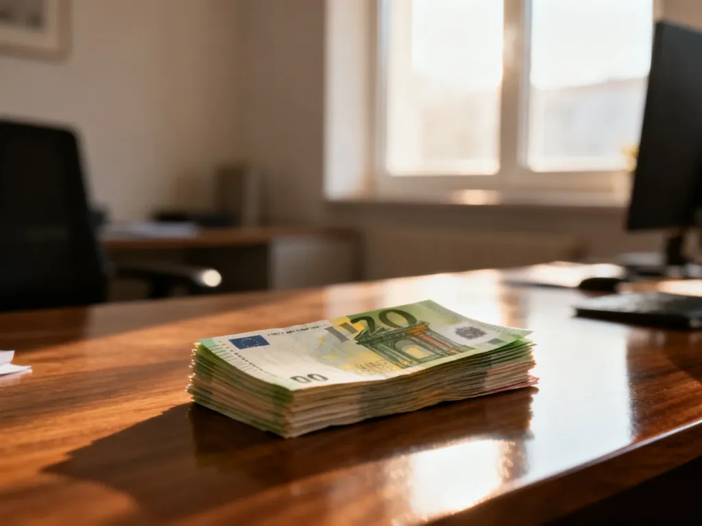 Stos banknotów euro na drewnianym biurku, symbolizujący finanse i przelicznik walut.