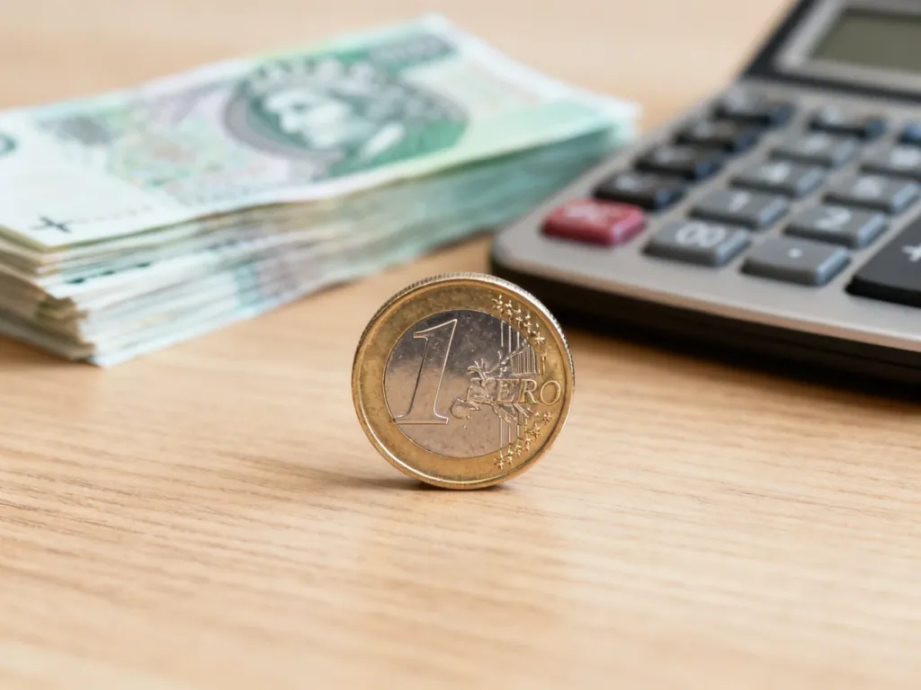 Moneta euro na drewnianym biurku obok polskich banknotów i kalkulatora, symbolizująca przelicznik walut.