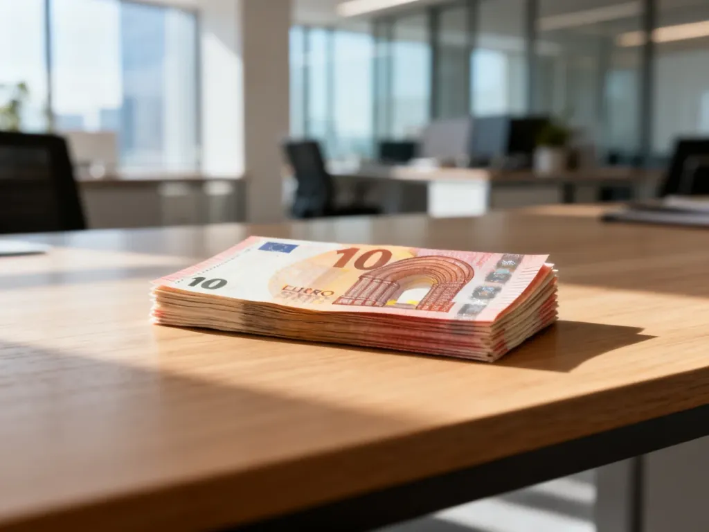 Stos banknotów o nominale 10 euro leżący na drewnianym biurku w jasnym, nowoczesnym biurze.
