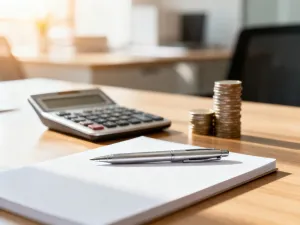 Mężczyzna przy biurku analizuje finanse na laptopie i notatniku z wykresami, obliczając wynagrodzenie netto.