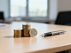 Mężczyzna przy biurku oblicza na tablecie wysokość wynagrodzenia netto na podstawie kwoty brutto.