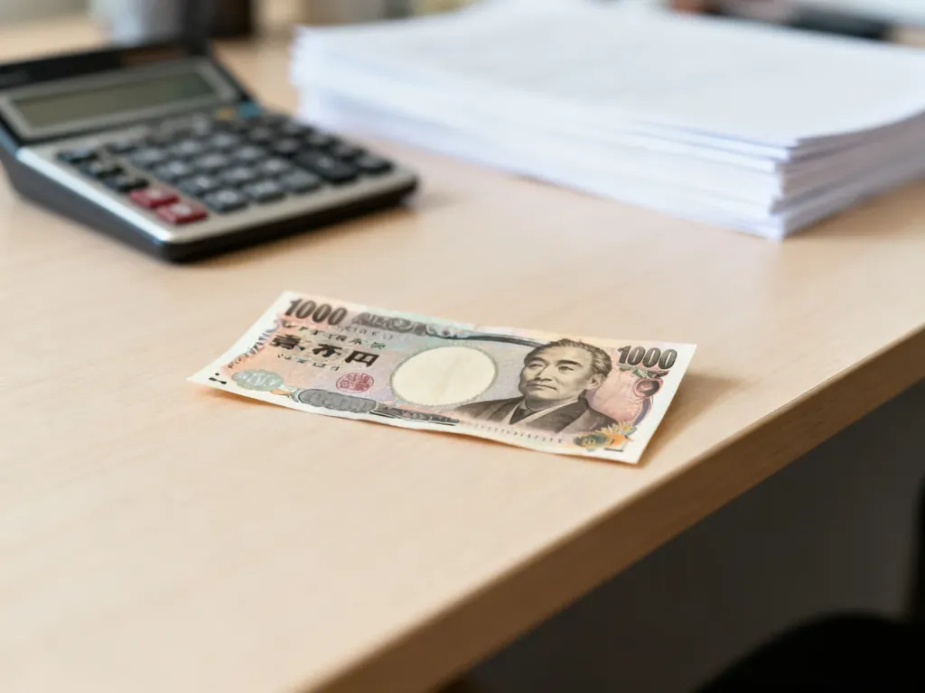 Banknot studolarowy leżący na biurku obok kalkulatora, symbolizujący rozliczenia finansowe i obliczenia wynagrodzenia.