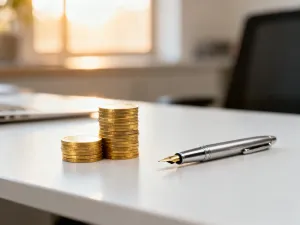 Kobieta przy biurku oblicza finanse na tablecie, symbolizując proces przeliczania wynagrodzenia brutto na netto.