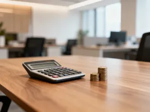 Biurko z kalkulatorem, piórem i monetami, symbolizujące profesjonalne obliczenia finansowe i planowanie budżetu.