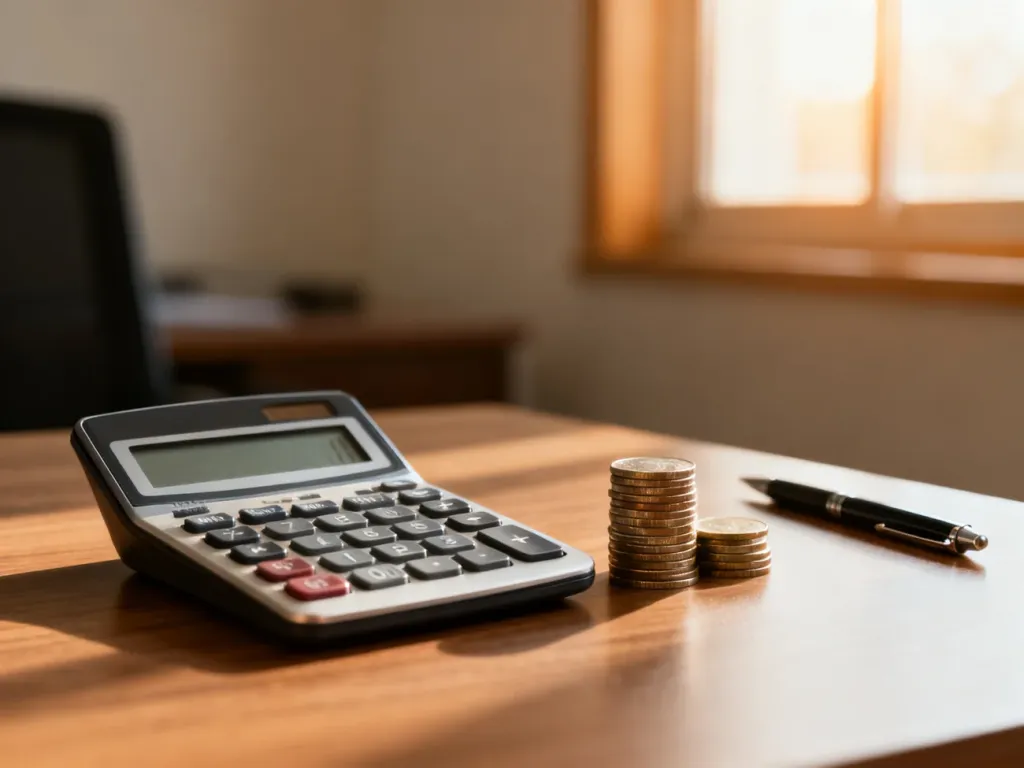 Kalkulator, monety i długopis na biurku, symbolizujące planowanie finansów i obliczanie wynagrodzenia.