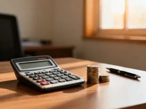 Kalkulator i monety na biurku, symbolizujące planowanie finansów i obliczanie wynagrodzenia netto.