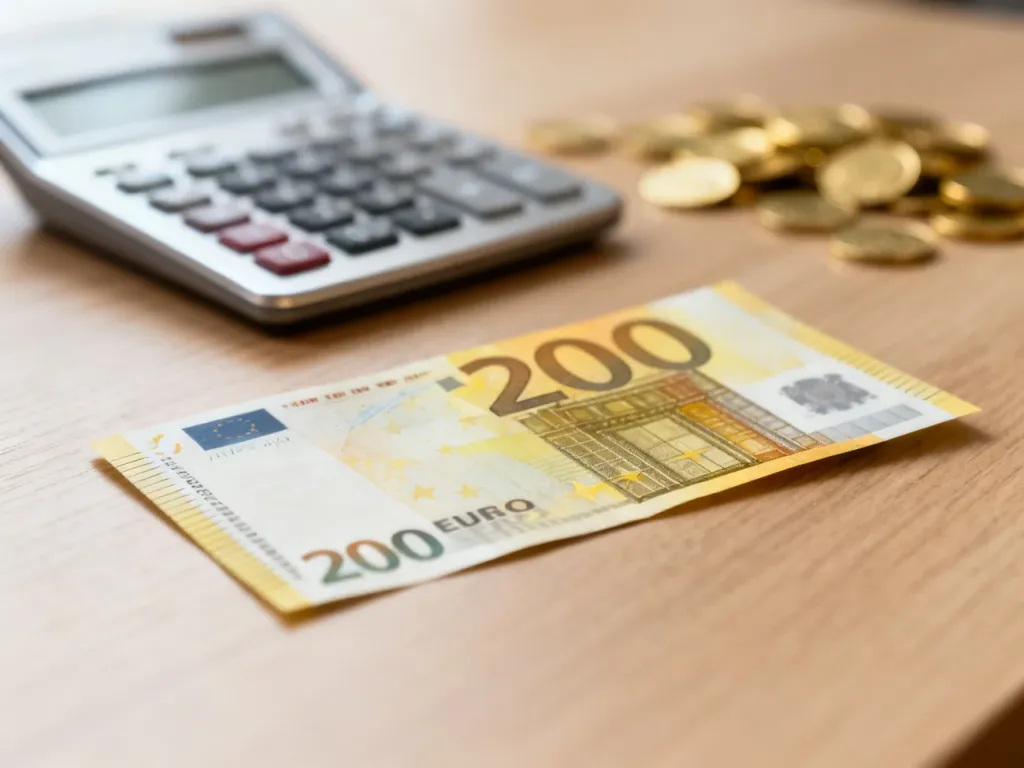 Banknot 200 euro leżący na drewnianym biurku obok kalkulatora i monet, symbolizujący przelicznik walut.