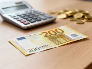 Kalkulator, monety i notatnik z wykresami na biurku w nowoczesnym biurze, symbolizujące obliczanie wynagrodzenia.