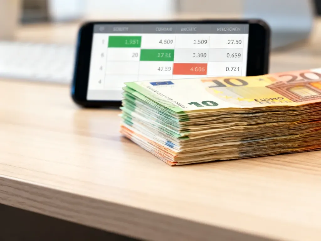 Stos banknotów euro na drewnianym biurku w tle z rozmytym wykresem kursów walut na ekranie smartfona.