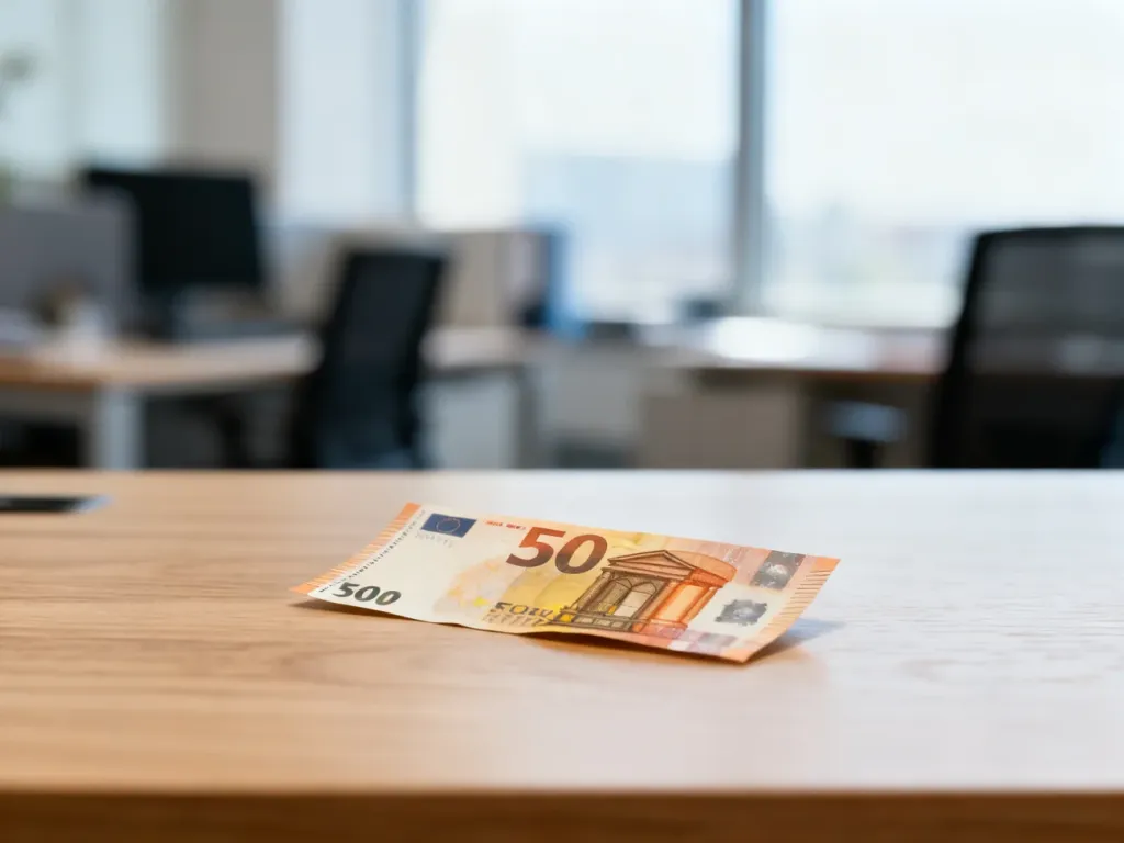 Banknot 50 euro leżący na drewnianym biurku w profesjonalnym biurowym otoczeniu.