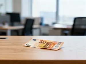 Stos banknotów euro na drewnianym biurku, symbolizujący finanse i przelicznik walut.