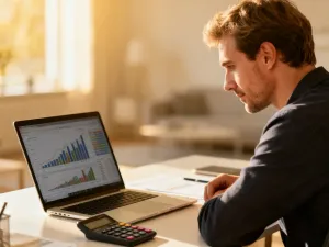 Kobieta pracująca przy laptopie z kalkulatorem i notatnikiem z wykresami finansowymi na biurku.