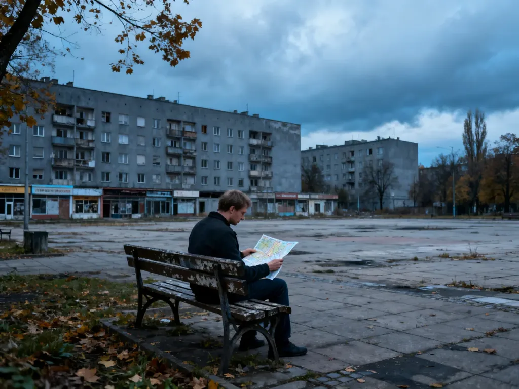 Samotny mężczyzna z mapą na tle opustoszałego miejskiego placu i blokowisk, symbolizujący proces wyludniania się miast.