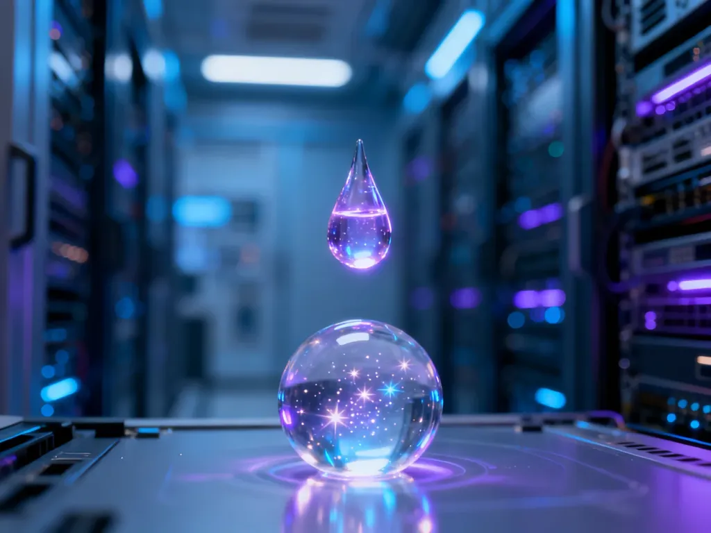 Świetlista kropla płynu unosząca się na tle serwerowni, symbolizująca nowoczesną technologię i moc języka programowania Elixir.