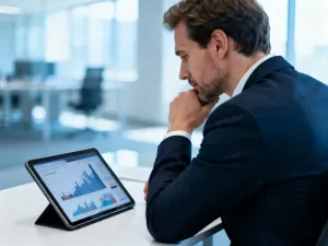 Kobieta w nowoczesnym biurze analizuje wykresy finansowe na tablecie, planując budżet i obliczając wynagrodzenie.