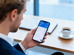 Mężczyzna sprawdza numer rachunku bankowego na ekranie smartfona w domowym biurze.