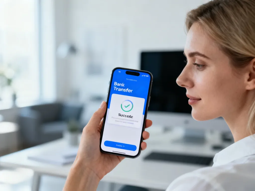 Kobieta trzymająca smartfon z powiadomieniem o udanym przelewie bankowym w nowoczesnym biurze domowym.