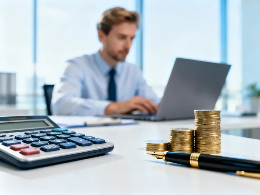 Kalkulator, pióro i monety na biurku, symbolizujące obliczenia finansowe i planowanie budżetu.