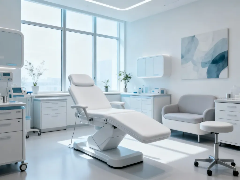 Nowoczesny gabinet medyczny z ergonomicznym wyposażeniem, jasnym oświetleniem i bezpiecznym, higienicznym wystrojem wnętrza.