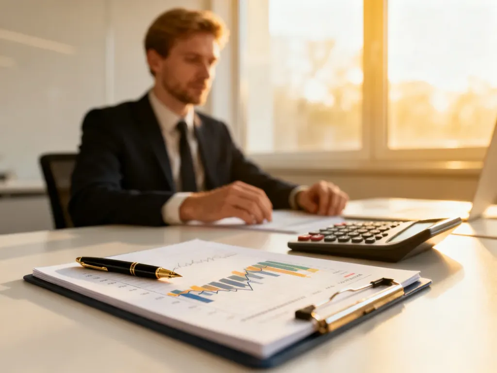 Mężczyzna przy biurku z kalkulatorem i notatnikiem, symbolizujący profesjonalne obliczenia finansowe i wynagrodzenia.