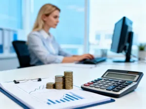 Profesjonalista przy biurku oblicza finanse na tablecie, korzystając z kalkulatora i notatnika w nowoczesnym biurze.