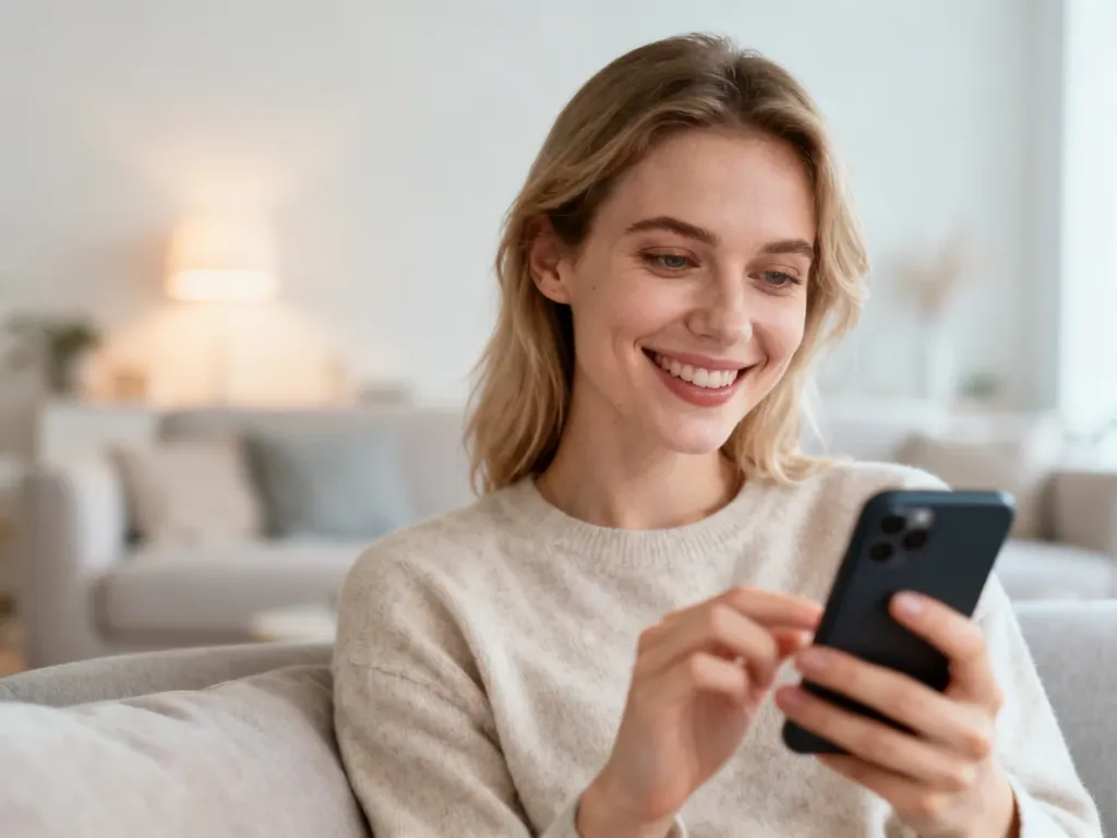 Uśmiechnięta kobieta robiąca zakupy online na smartfonie w przytulnym salonie, korzystająca z płatności odroczonych.