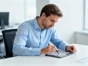 Profesjonalistka analizująca wykresy finansowe na tablecie w nowoczesnym biurze.