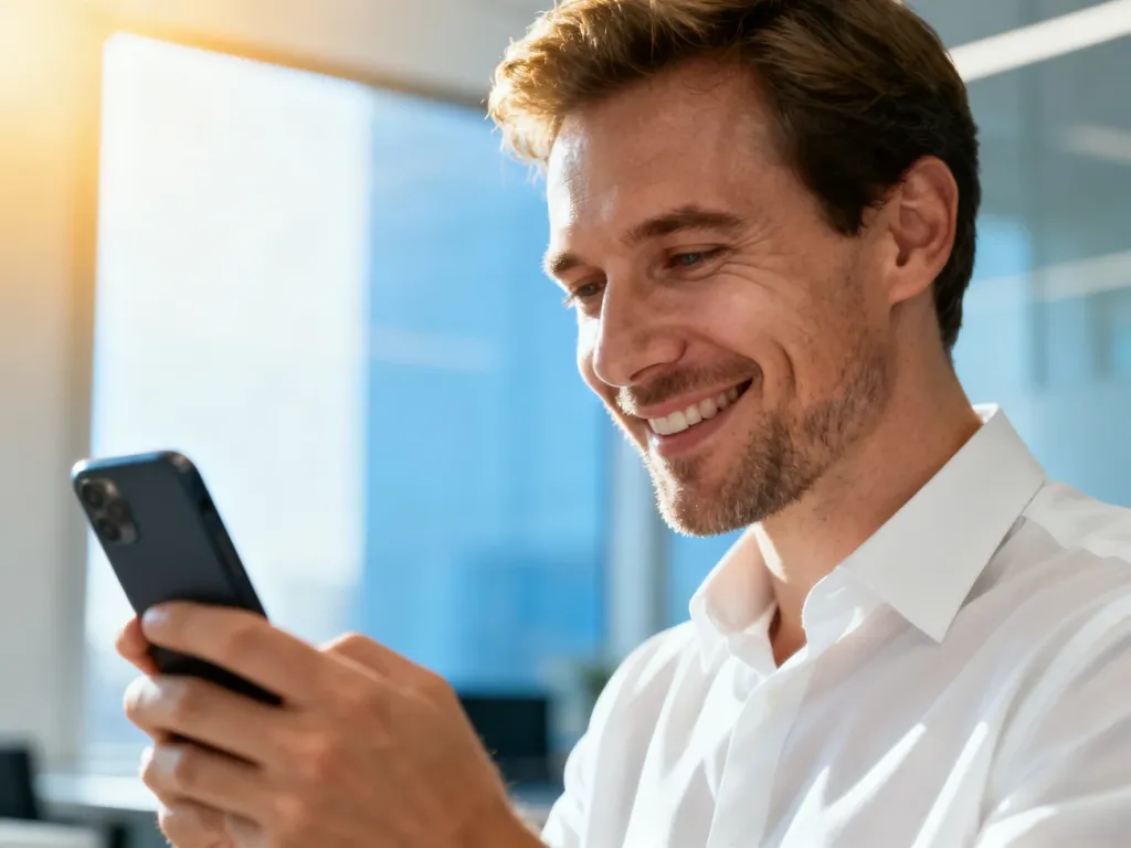 Zadowolony mężczyzna sprawdza stan konta na smartfonie w nowoczesnym biurze, co podkreśla wygodę bankowości mobilnej mBanku.