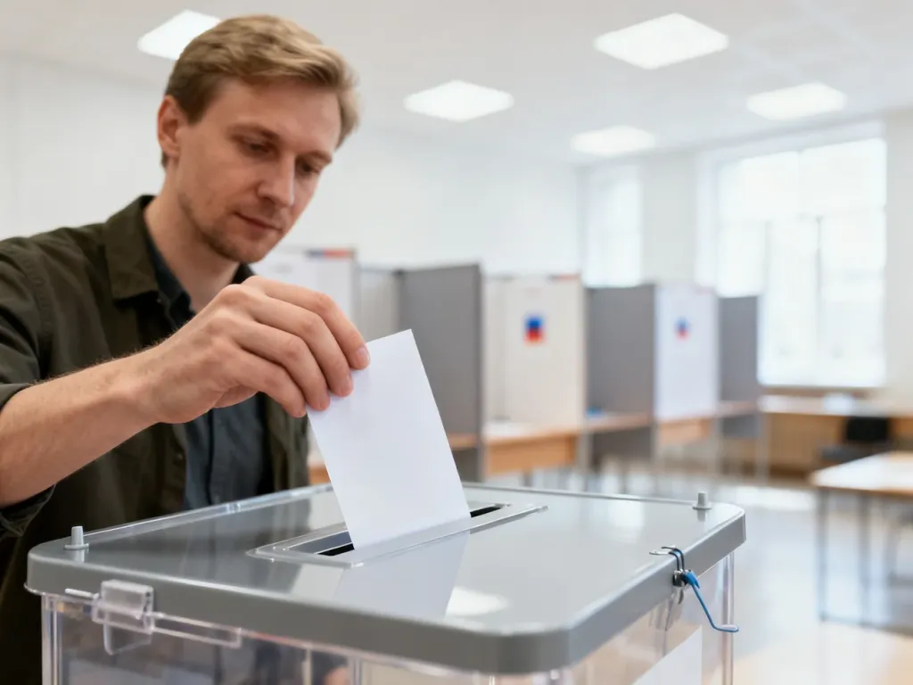 Mężczyzna wrzuca kartę do głosowania do przezroczystej urny w lokalu wyborczym podczas referendum.