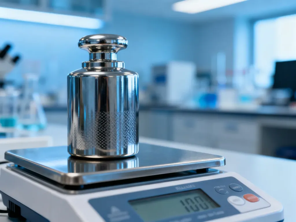 Metalowy odważnik o masie 1 kg na precyzyjnej wadze laboratoryjnej w profesjonalnym otoczeniu.