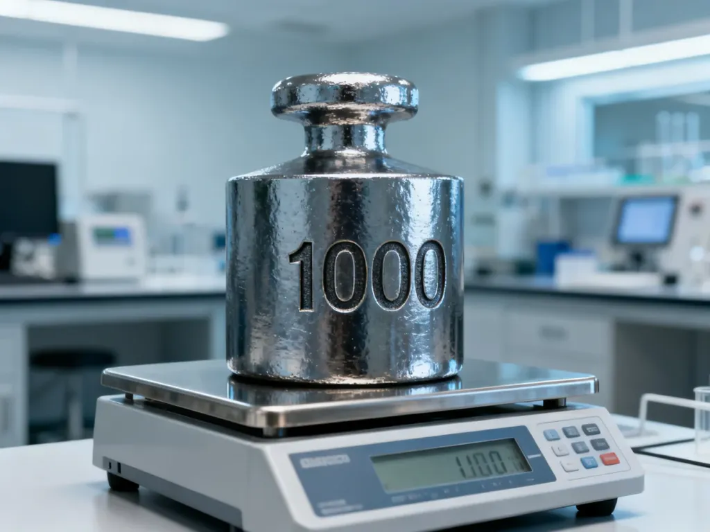 Wielki, metalowy odważnik z oznaczeniem „1000” na precyzyjnej wadze przemysłowej w profesjonalnym laboratorium.