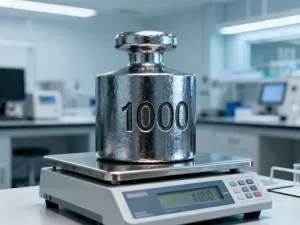 Precyzyjna waga laboratoryjna z odważnikiem o masie 1 kg na marmurowym blacie, ilustrująca proces przeliczania jednostek masy.