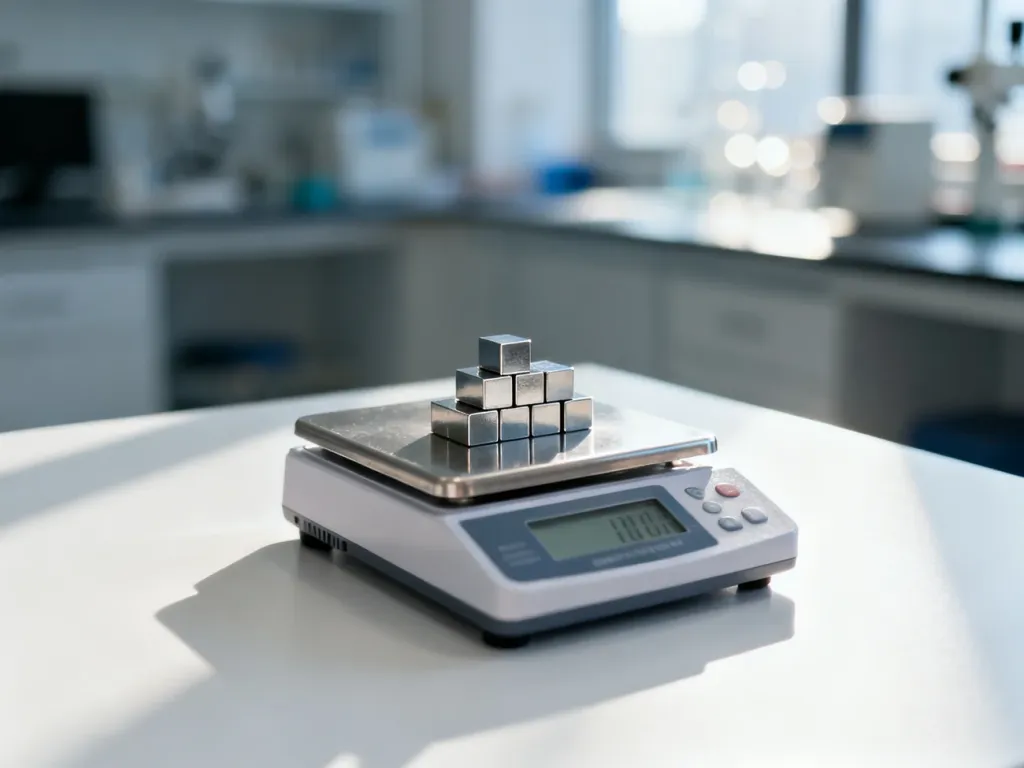 Cyfrowa waga laboratoryjna z odważnikami na białym blacie, ilustrująca precyzyjne pomiary masy.